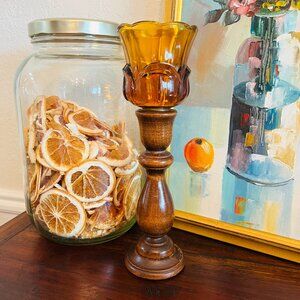 Vintage Wooden Candle Holder Amber Glass Votive Insert Cottagecore Grandma 70s
